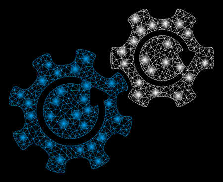 Glowing mesh gears rotation with glow effect. Abstract illuminated model of gears rotation icon. Shiny wire frame polygonal mesh gears rotation. Vector abstraction on a black background.のイラスト素材
