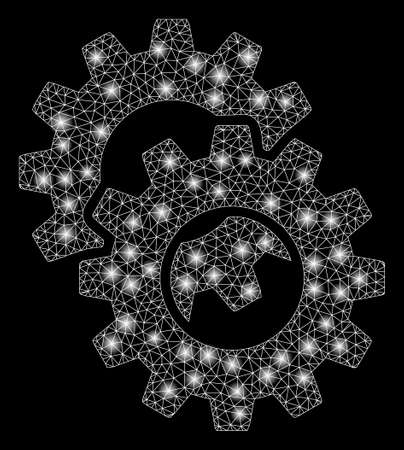 Glowing mesh gears with glitter effect. Abstract illuminated model of gears icon. Shiny wire frame polygonal mesh gears. Vector abstraction on a black background.のイラスト素材