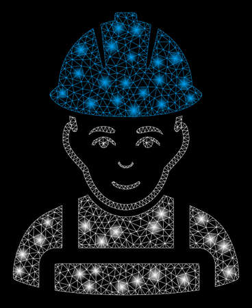 Flare mesh glad worker with glare effect. Abstract illuminated model of glad worker icon. Shiny wire carcass polygonal mesh glad worker. Vector abstraction on a black background.のイラスト素材
