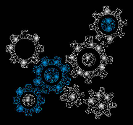 Glowing mesh gears mechanism with glow effect. Abstract illuminated model of gears mechanism icon. Shiny wire frame triangular mesh gears mechanism. Vector abstraction on a black background.のイラスト素材