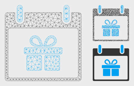 Mesh gift box calendar day model with triangle mosaic icon. Wire frame polygonal mesh of gift box calendar day. Vector mosaic of triangle elements in variable sizes, and color tones.のイラスト素材