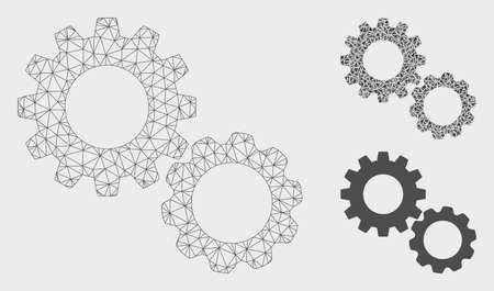 Mesh gears model with triangle mosaic icon. Wire frame triangular mesh of gears. Vector collage of triangle parts in different sizes, and color tints. Abstract flat mesh gears,のイラスト素材
