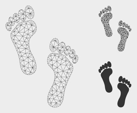 Mesh footprints model with triangle mosaic icon. Wire carcass polygonal mesh of footprints. Vector composition of triangle parts in variable sizes, and color shades. Abstract flat mesh footprints,のイラスト素材