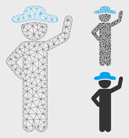 Mesh gentleman assurance model with triangle mosaic icon. Wire carcass triangular mesh of gentleman assurance. Vector mosaic of triangles in different sizes, and color tints.のイラスト素材