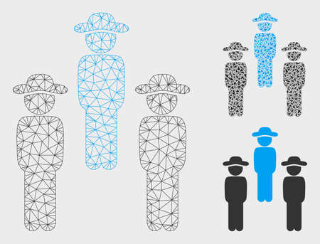 Mesh gentleman group model with triangle mosaic icon. Wire carcass triangular mesh of gentleman group. Vector composition of triangle elements in variable sizes, and color tones.のイラスト素材