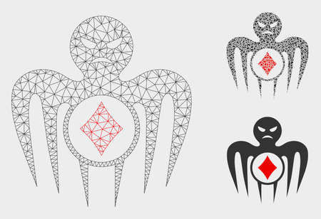 Mesh gambling spectre monster model with triangle mosaic icon. Wire frame polygonal network of gambling spectre monster. Vector composition of triangle elements in variable sizes, and color tints.のイラスト素材