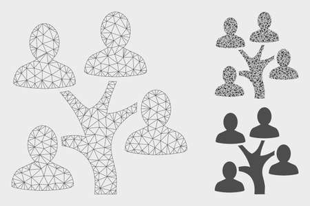 Mesh genealogy tree model with triangle mosaic icon. Wire frame triangular mesh of genealogy tree. Vector composition of triangle elements in various sizes, and color tints.のイラスト素材