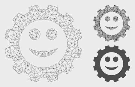 Mesh gear smile smiley model with triangle mosaic icon. Wire carcass polygonal mesh of gear smile smiley. Vector mosaic of triangles in various sizes, and color shades.のイラスト素材
