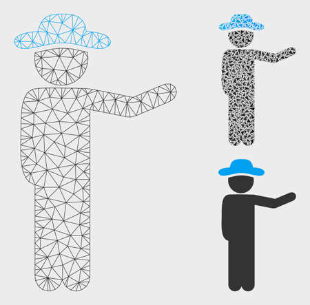 Mesh gentleman show model with triangle mosaic icon. Wire carcass triangular network of gentleman show. Vector collage of triangle parts in variable sizes, and color hues.のイラスト素材