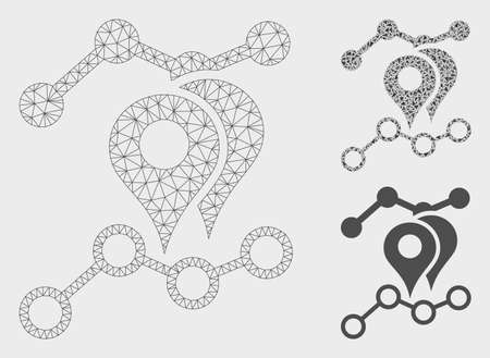 Mesh geo trends model with triangle mosaic icon. Wire carcass polygonal mesh of geo trends. Vector collage of triangle elements in different sizes, and color tones. Abstract flat mesh geo trends.のイラスト素材