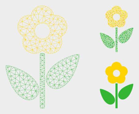 Mesh flower plant model with triangle mosaic icon. Wire carcass polygonal network of flower plant. Vector mosaic of triangles in different sizes, and color hues. Abstract flat mesh flower plant.のイラスト素材