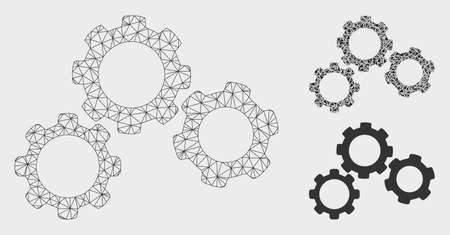 Mesh gears model with triangle mosaic icon. Wire carcass triangular mesh of gears. Vector mosaic of triangle parts in various sizes, and color tones. Abstract flat mesh gears.のイラスト素材
