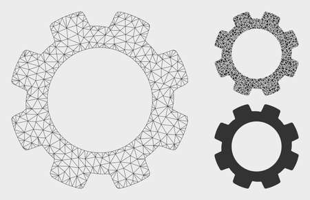 Mesh gear model with triangle mosaic icon. Wire frame triangular mesh of gear. Vector mosaic of triangle parts in different sizes, and color tones. Abstract 2d mesh gear.のイラスト素材