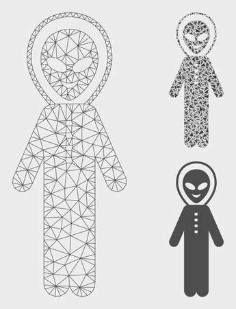 Mesh glad alien person model with triangle mosaic icon. Wire frame triangular mesh of glad alien person. Vector composition of triangle elements in various sizes, and color tinges.のイラスト素材