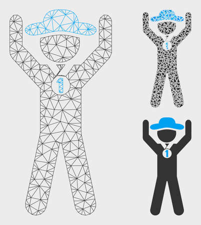 Mesh gentleman champion model with triangle mosaic icon. Wire carcass triangular mesh of gentleman champion. Vector mosaic of triangles in various sizes, and color shades.のイラスト素材