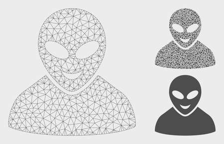 Mesh glad alien person model with triangle mosaic icon. Wire carcass triangular mesh of glad alien person. Vector mosaic of triangle parts in variable sizes, and color tones.のイラスト素材