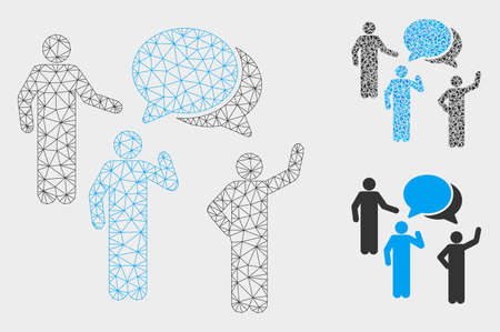 Mesh forum model with triangle mosaic icon. Wire carcass polygonal mesh of forum. Vector composition of triangle parts in various sizes, and color hues. Abstract flat mesh forum.のイラスト素材