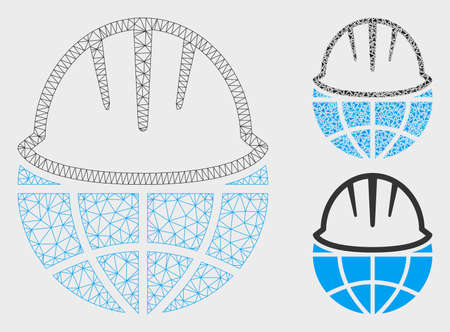 Mesh global helmet model with triangle mosaic icon. Wire frame triangular mesh of global helmet. Vector composition of triangle elements in variable sizes, and color shades.のイラスト素材