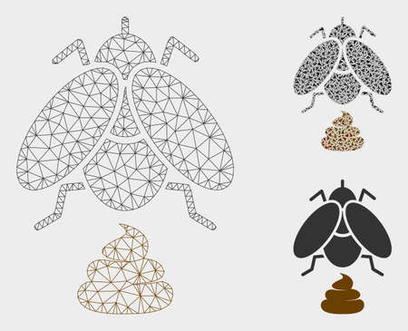 Mesh fly shit model with triangle mosaic icon. Wire carcass polygonal mesh of fly shit. Vector mosaic of triangle parts in different sizes, and color tints. Abstract 2d mesh fly shit.のイラスト素材