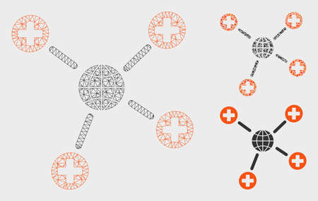 Mesh global medical links model with triangle mosaic icon. Wire frame triangular mesh of global medical links. Vector collage of triangle parts in various sizes, and color shades.のイラスト素材