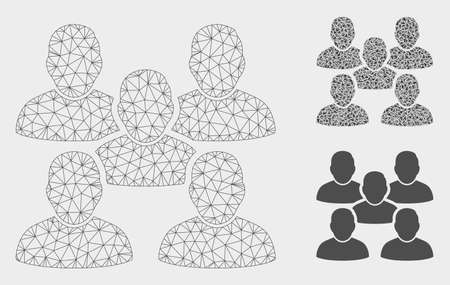 Mesh friends crowd model with triangle mosaic icon. Wire frame triangular network of friends crowd. Vector collage of triangle elements in various sizes, and color tones.のイラスト素材