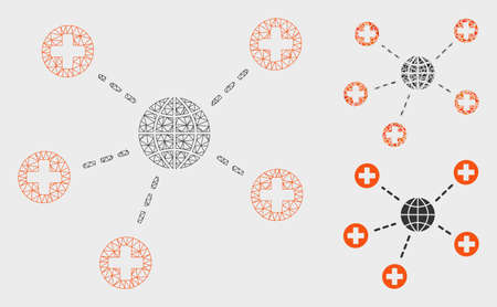 Mesh global medical relations model with triangle mosaic icon. Wire frame polygonal mesh of global medical relations. Vector collage of triangle parts in variable sizes, and color tinges.のイラスト素材