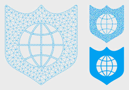 Mesh global shield model with triangle mosaic icon. Wire carcass triangular mesh of global shield. Vector mosaic of triangle elements in variable sizes, and color hues. Abstract 2d mesh global shield.のイラスト素材