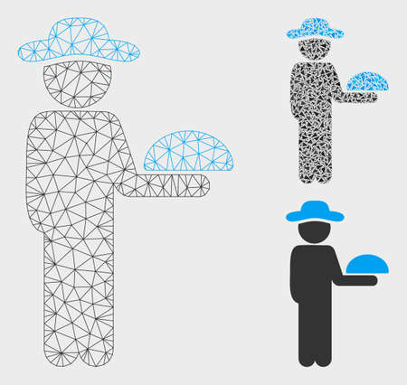 Mesh gentleman waiter model with triangle mosaic icon. Wire frame triangular mesh of gentleman waiter. Vector mosaic of triangle parts in various sizes, and color hues.のイラスト素材