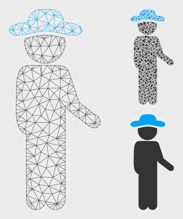 Mesh gentleman idler model with triangle mosaic icon. Wire carcass triangular mesh of gentleman idler. Vector composition of triangle parts in variable sizes, and color tones.のイラスト素材
