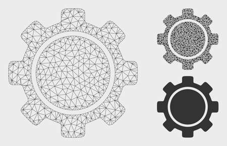 Mesh gear model with triangle mosaic icon. Wire carcass triangular mesh of gear. Vector mosaic of triangle elements in variable sizes, and color hues. Abstract 2d mesh gear.のイラスト素材