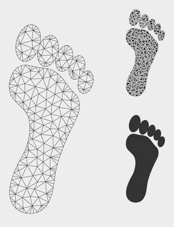 Mesh footprint model with triangle mosaic icon. Wire carcass polygonal mesh of footprint. Vector mosaic of triangle elements in variable sizes, and color tinges. Abstract flat mesh footprint.のイラスト素材