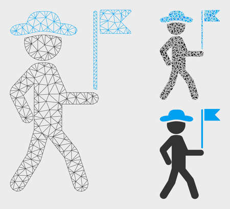 Mesh gentleman flag guide model with triangle mosaic icon. Wire frame triangular network of gentleman flag guide. Vector mosaic of triangle elements in various sizes, and color shades.のイラスト素材