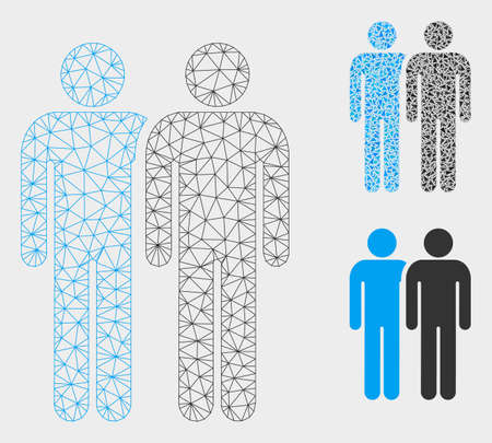 Mesh gay couple model with triangle mosaic icon. Wire frame triangular mesh of gay couple. Vector composition of triangle parts in variable sizes, and color shades. Abstract 2d mesh gay couple.のイラスト素材