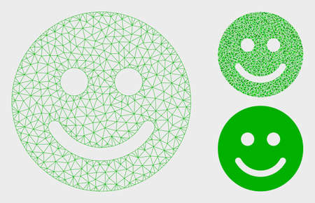 Mesh glad smile model with triangle mosaic icon. Wire carcass polygonal mesh of glad smile. Vector composition of triangle parts in variable sizes, and color tones. Abstract 2d mesh glad smile.のイラスト素材