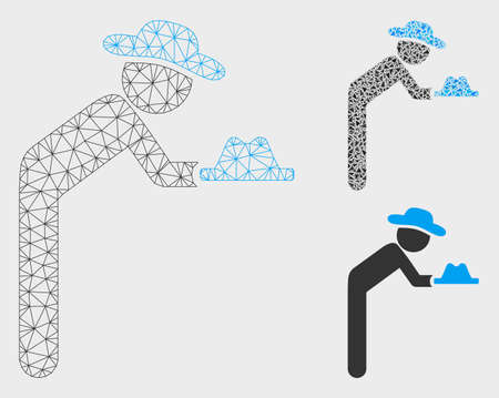 Mesh gentleman servant model with triangle mosaic icon. Wire carcass triangular mesh of gentleman servant. Vector mosaic of triangle parts in various sizes, and color shades.のイラスト素材