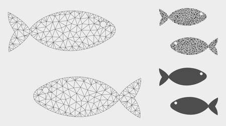 Mesh fish pair model with triangle mosaic icon. Wire carcass triangular mesh of fish pair. Vector mosaic of triangle parts in various sizes, and color tinges. Abstract 2d mesh fish pair.のイラスト素材