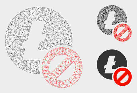 Mesh forbidden Litecoin model with triangle mosaic icon. Wire frame triangular network of forbidden Litecoin. Vector composition of triangle parts in various sizes, and color tinges.のイラスト素材