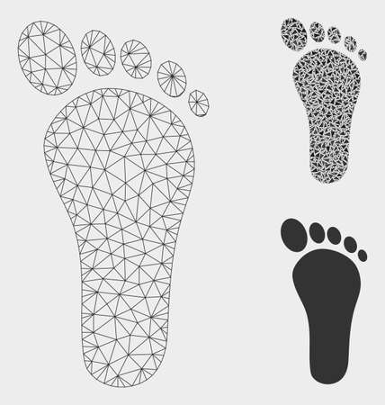 Mesh footprint model with triangle mosaic icon. Wire carcass triangular mesh of footprint. Vector mosaic of triangle parts in various sizes, and color tinges. Abstract 2d mesh footprint.のイラスト素材