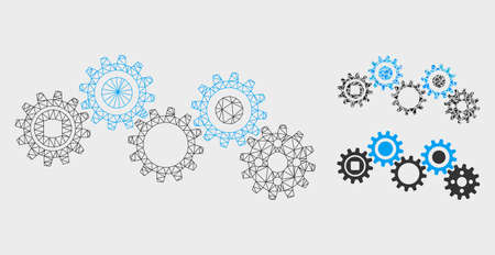 Mesh gear mechanism model with triangle mosaic icon. Wire frame polygonal mesh of gear mechanism. Vector mosaic of triangle elements in variable sizes, and color tinges.のイラスト素材