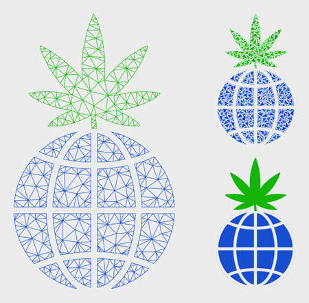 Mesh global cannabis sprout model with triangle mosaic icon. Wire frame triangular mesh of global cannabis sprout. Vector mosaic of triangle parts in various sizes, and color hues.のイラスト素材