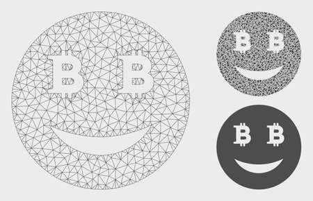 Mesh glad Bitcoin smiley model with triangle mosaic icon. Wire carcass triangular mesh of glad Bitcoin smiley. Vector collage of triangle elements in variable sizes, and color tints.のイラスト素材