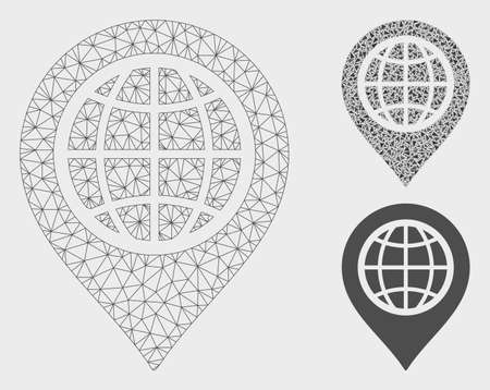 Mesh globe map marker model with triangle mosaic icon. Wire carcass triangular mesh of globe map marker. Vector collage of triangle parts in various sizes, and color tints.のイラスト素材