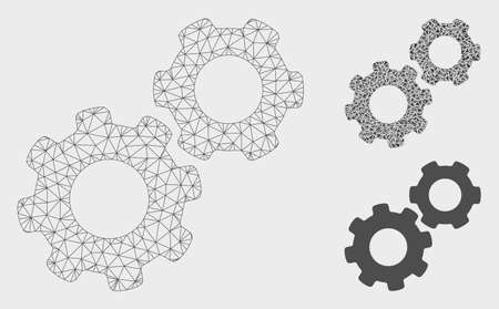 Mesh gears model with triangle mosaic icon. Wire carcass triangular mesh of gears. Vector collage of triangle elements in variable sizes, and color tones. Abstract flat mesh gears.のイラスト素材