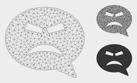 Mesh furious smiley message model with triangle mosaic icon. Wire carcass polygonal mesh of furious smiley message. Vector mosaic of triangles in different sizes, and color tinges.のイラスト素材