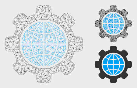 Mesh global options model with triangle mosaic icon. Wire carcass polygonal mesh of global options. Vector mosaic of triangle parts in different sizes, and color hues. Abstract 2d mesh global options.のイラスト素材