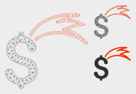 Mesh fortune falling dollar model with triangle mosaic icon. Wire carcass polygonal mesh of fortune falling dollar. Vector collage of triangle parts in different sizes, and color shades.のイラスト素材