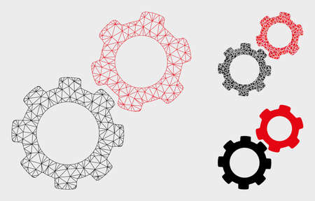 Mesh gears model with triangle mosaic icon. Wire carcass triangular mesh of gears. Vector mosaic of triangles in different sizes, and color hues. Abstract flat mesh gears, designed with triangles.のイラスト素材