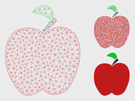 Mesh red apple model with triangle mosaic icon. Wire carcass triangular mesh of red apple. Vector mosaic of triangle parts in different sizes, and color shades. Abstract flat mesh red apple.のイラスト素材