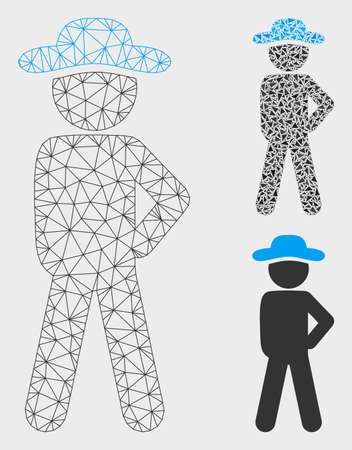 Mesh gentleman audacity model with triangle mosaic icon. Wire carcass polygonal mesh of gentleman audacity. Vector composition of triangle parts in various sizes, and color tints.のイラスト素材