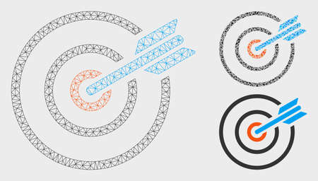 Mesh goal arrow model with triangle mosaic icon. Wire frame triangular network of goal arrow. Vector mosaic of triangle elements in different sizes, and color shades. Abstract flat mesh goal arrow.のイラスト素材